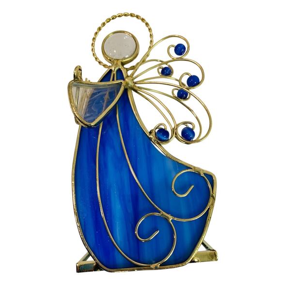 Vintage Tabletop Stained Glass Angels Goldtone Blue Green - Picture 6 of 7